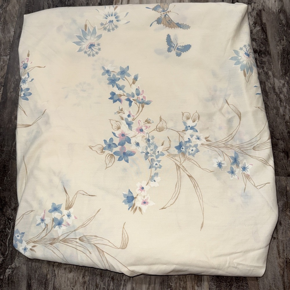 Vintage JC PENNEY Twin Fitted Sheet Floral Butterflies Blue Flowers